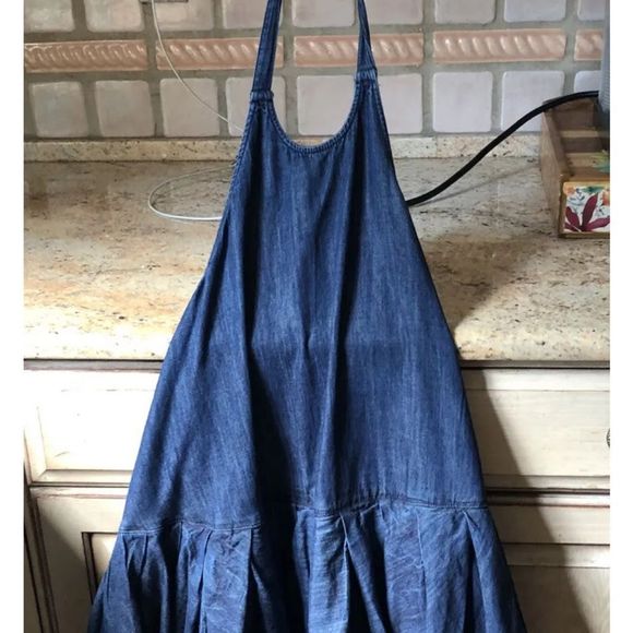 Free People Denim Backless Bubble Mini Dress Halter Pleated Ruffle Hem - Picture 3 of 6